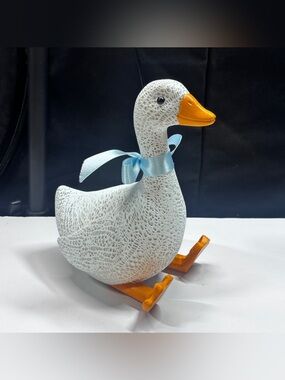 Desk Goose Figurine Blue Ribbon Statue Country Cottage Grandma Core